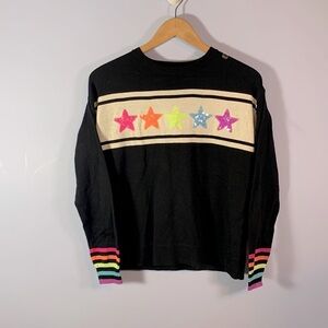 PLACE size 14 XL black sweater neon rainbow stars striped rainbow cuffs